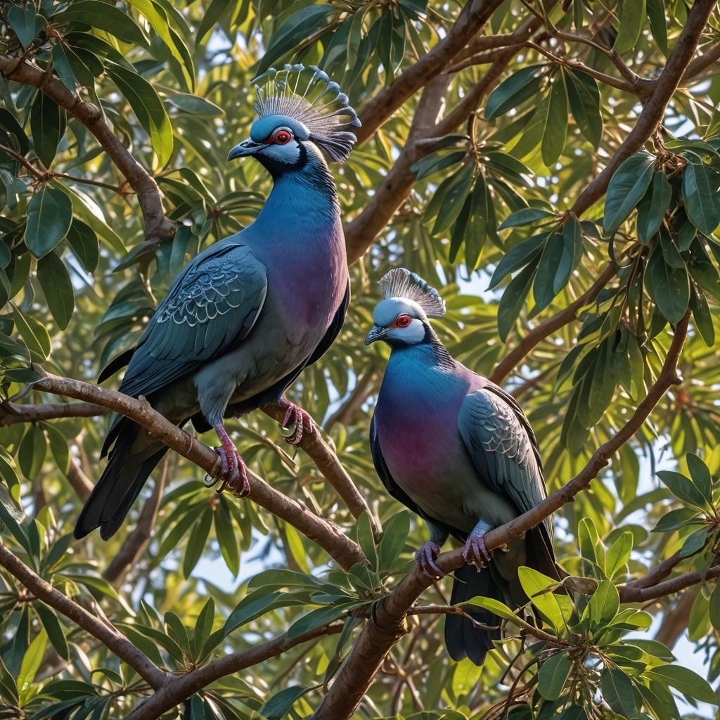 Crowned Pigeon Perched in Lush Avocado Tree