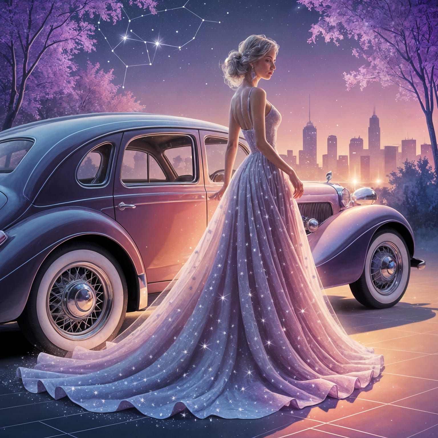 Enchanting Woman Beside Car in Watercolor Style