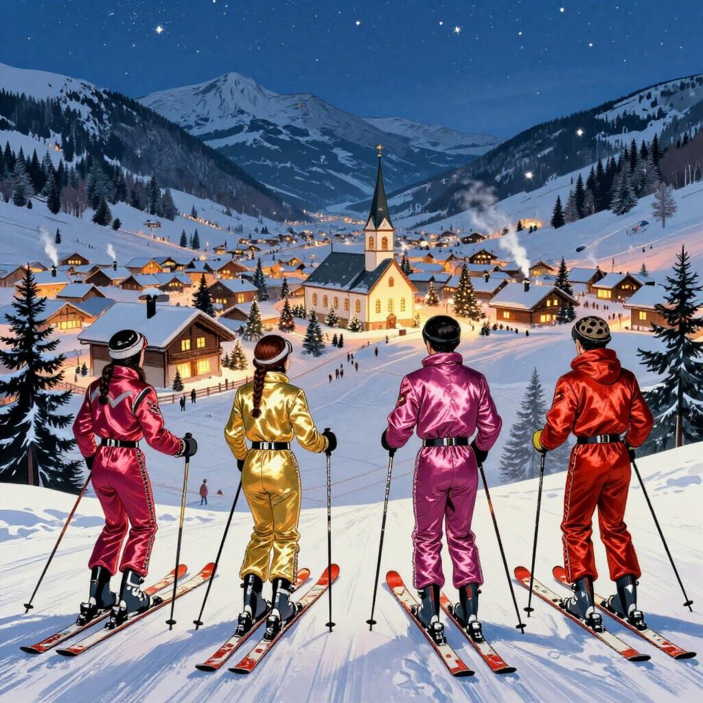 Four Skiers Admire Snowy Village in 1950s Comic Style