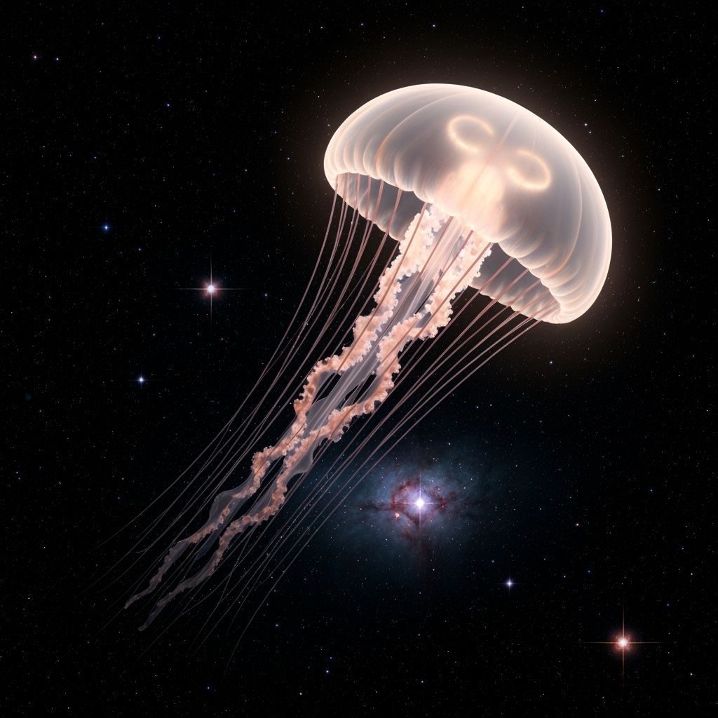 Bioluminescent Jellyfish Drifts Through Deep Space Stardust
