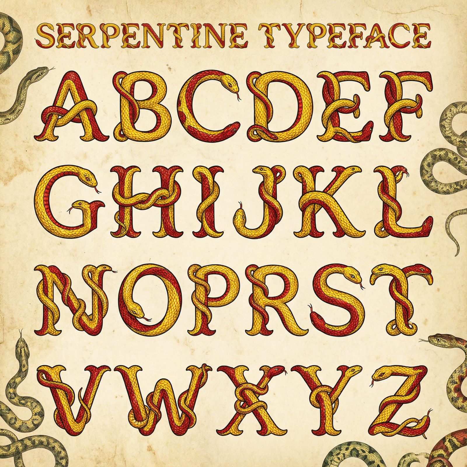 Alphabet Font Made of Yellow and Red Snakes