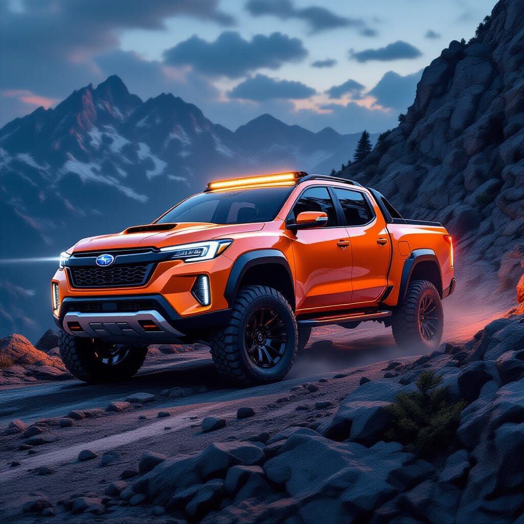 Futuristic Subaru Truck Ascends Rocky Mountain Road