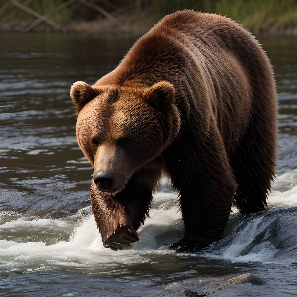 Brown Bear Fishing for Salmon by River