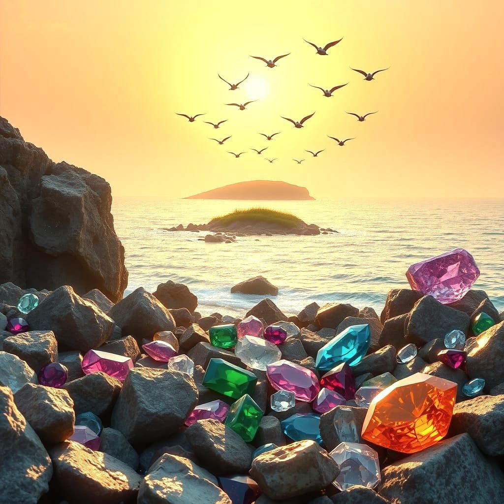 Gemstones on Coastline at Sunset, Hyperrealistic 8K
