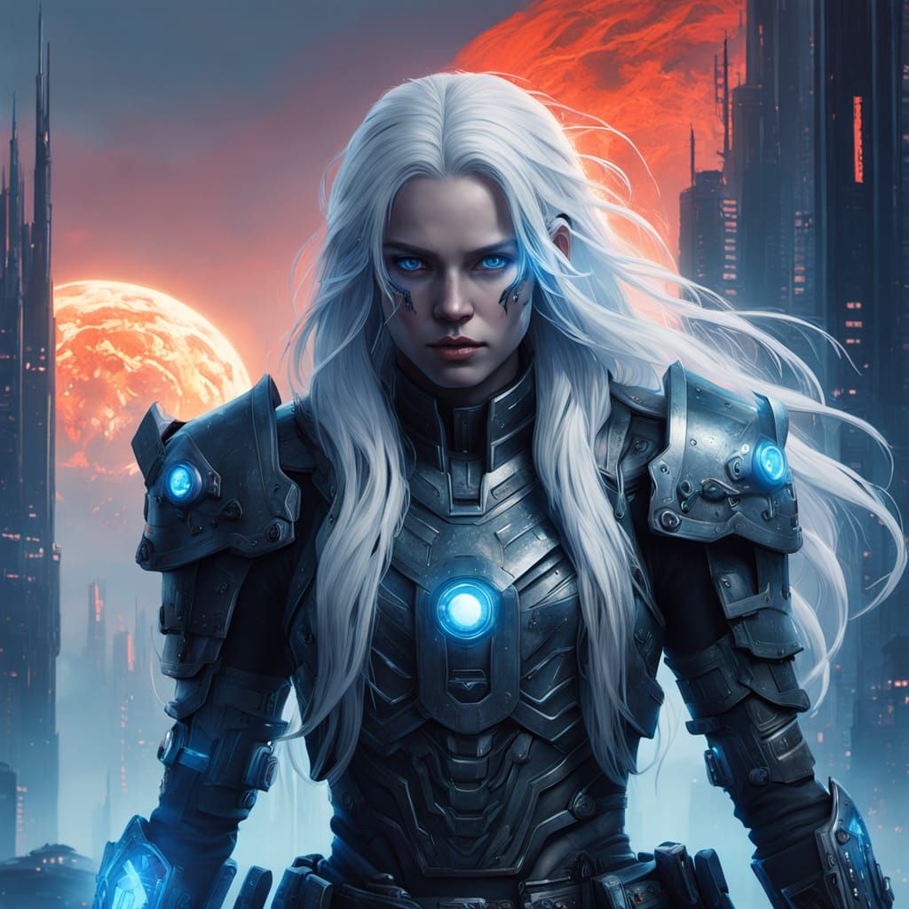 Cyberpunk Warrior Goddess in Moonlit Metropolis