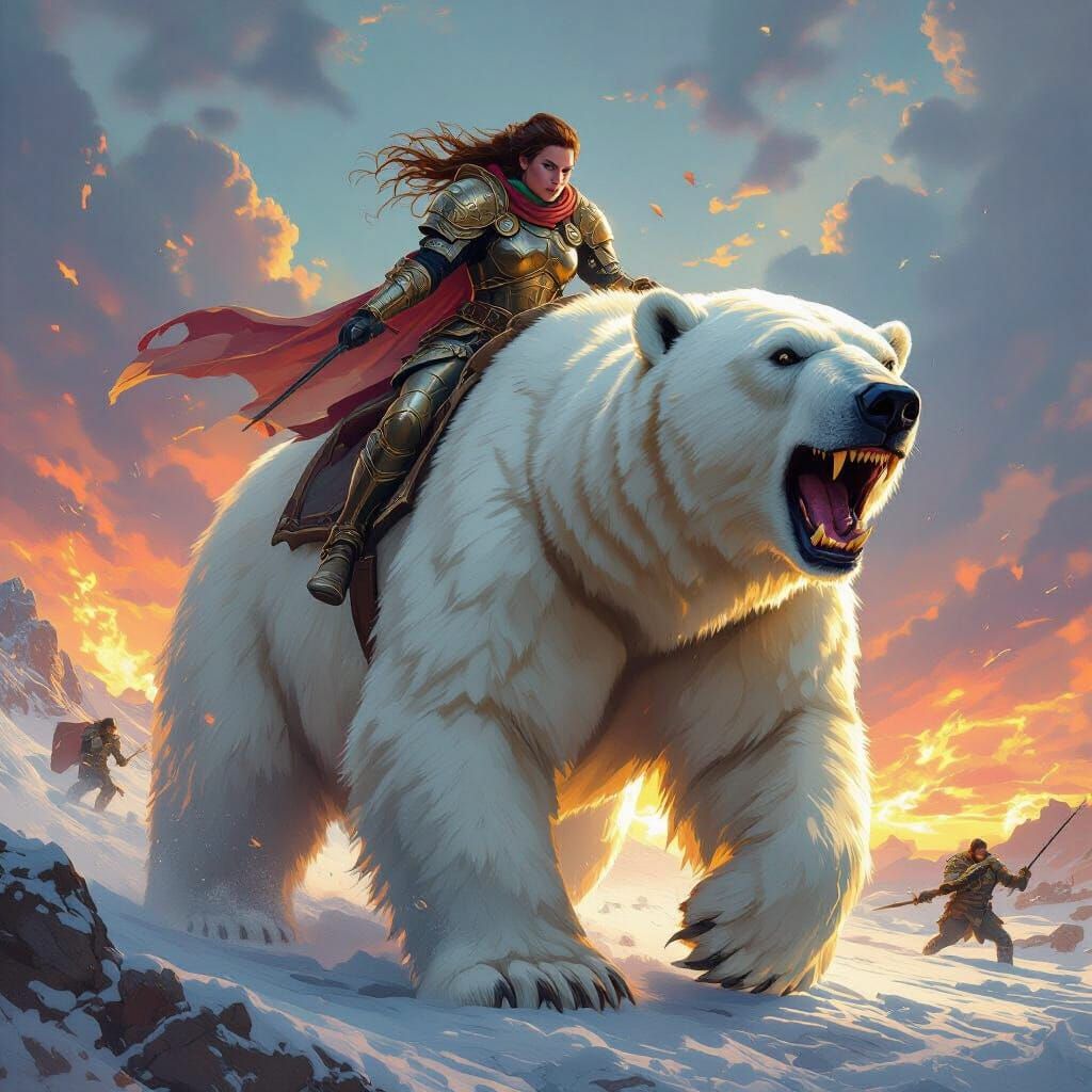 Armored Woman Rides Polar Bear into Battle