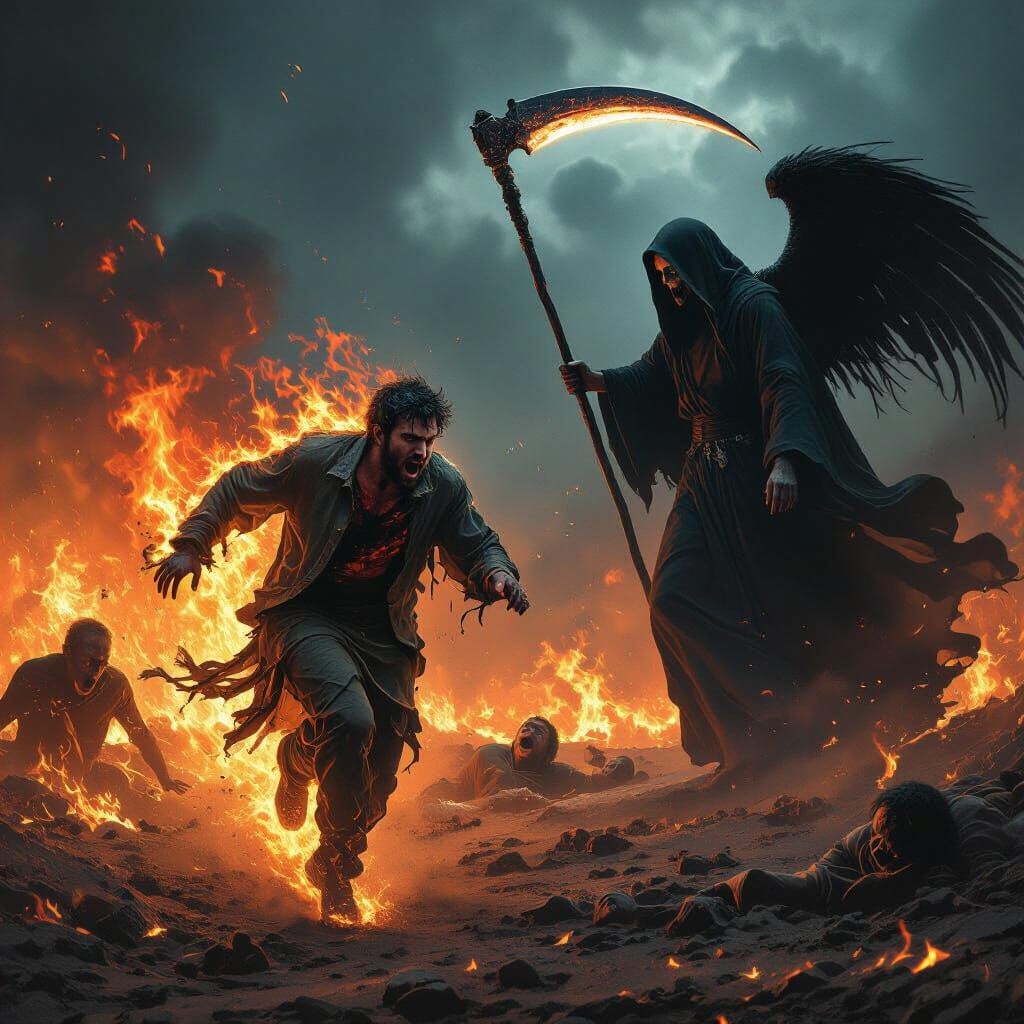 Fiery Hellscape: Man Flees from Angel of Death