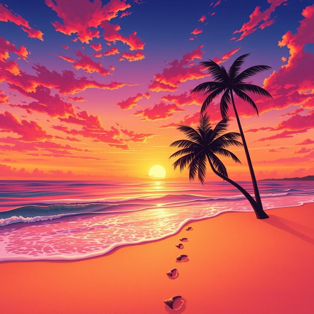 Golden Sunset Beach Scene in Anime Style