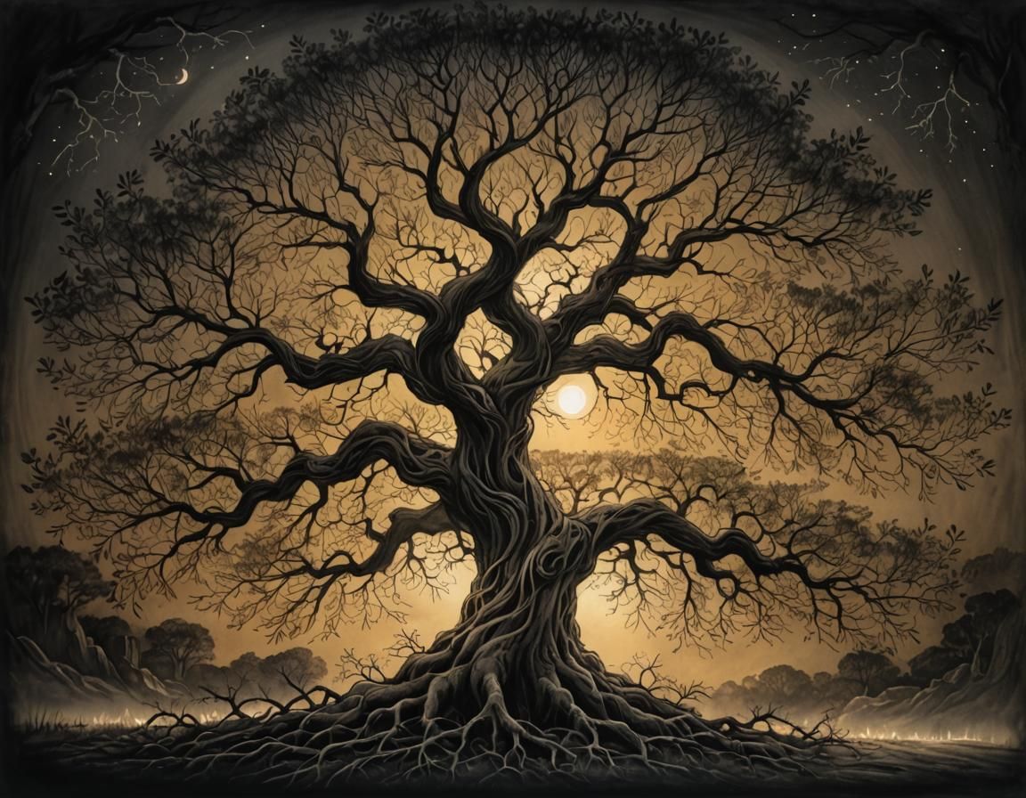 Ancient Tree with Ethereal Lights: Charcoal Drawing