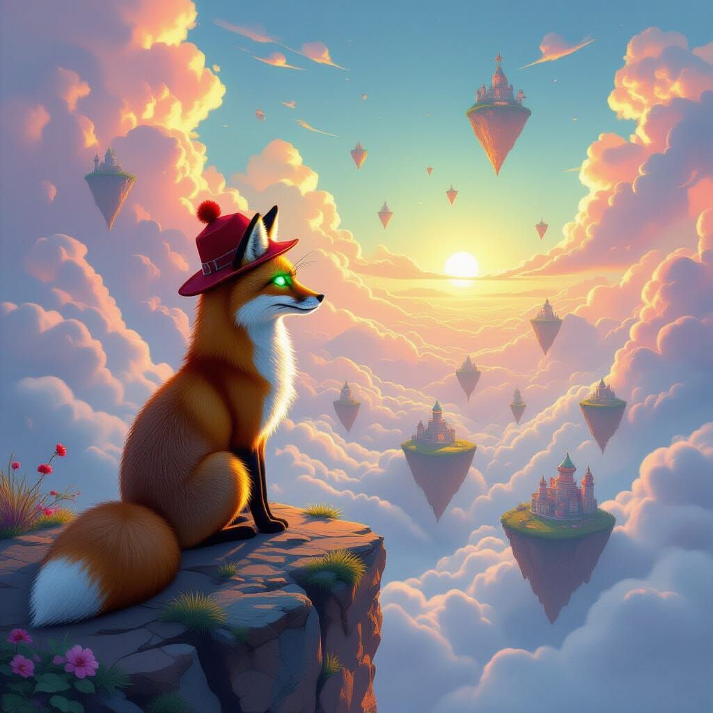 Fox Explorer on Dreamlike Precipice, Surrealist Fantasy Art