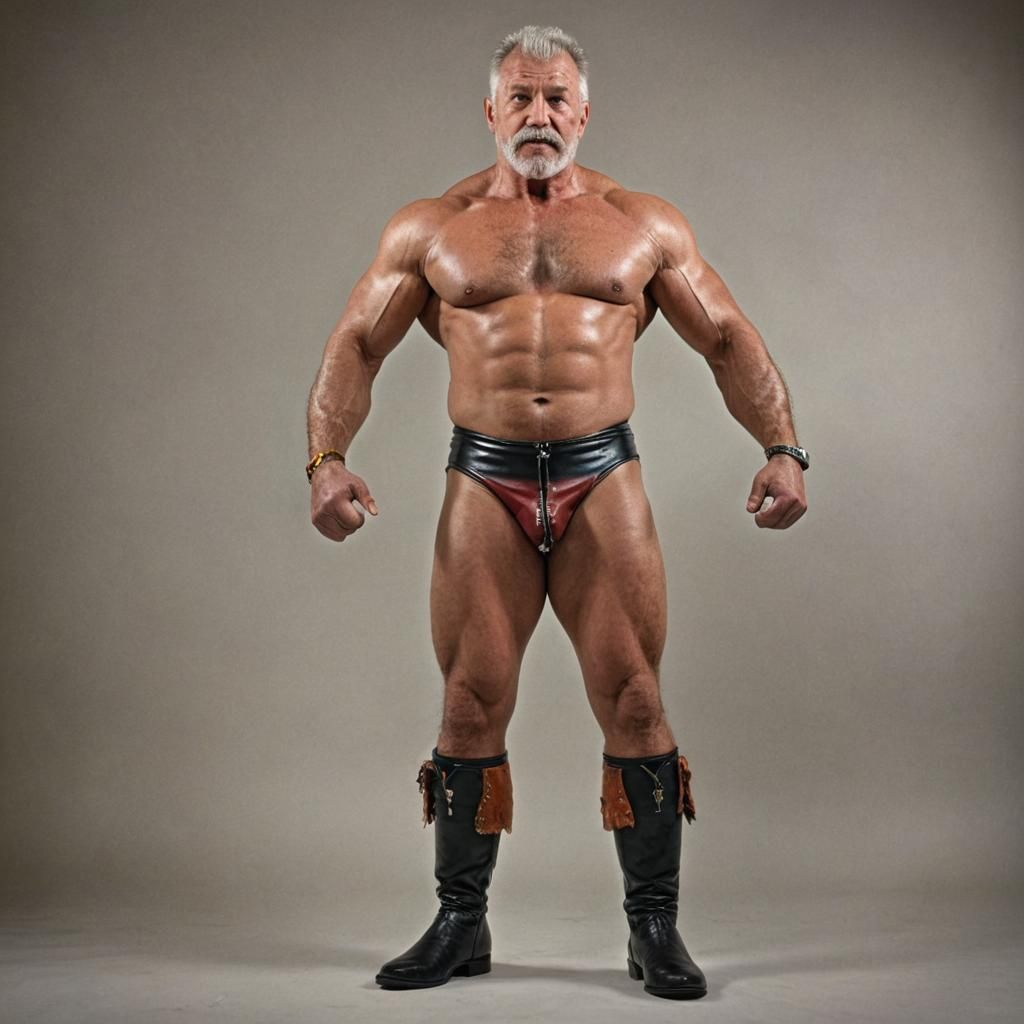 Defiant 65-Year-Old Wrestler Posing in Vibrant Colors