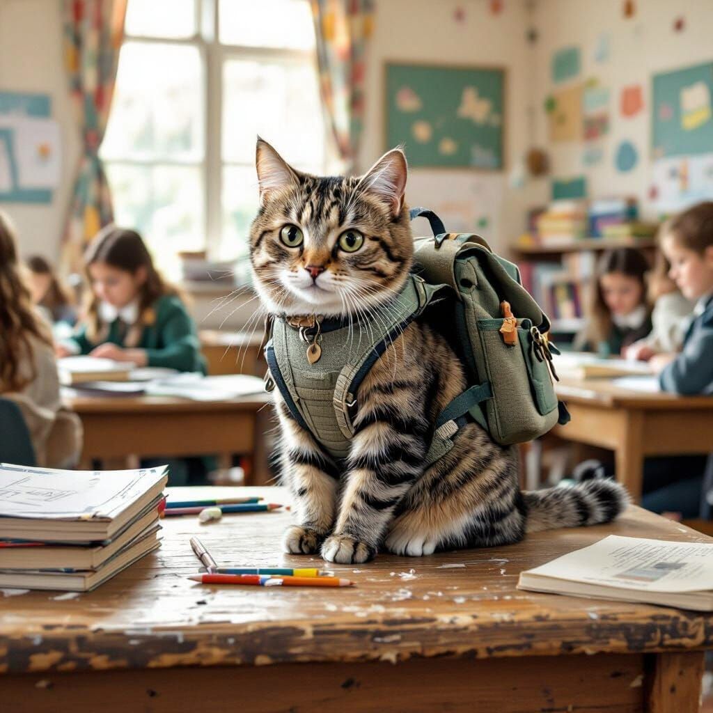Curious Cat with Backpack in School Classroom