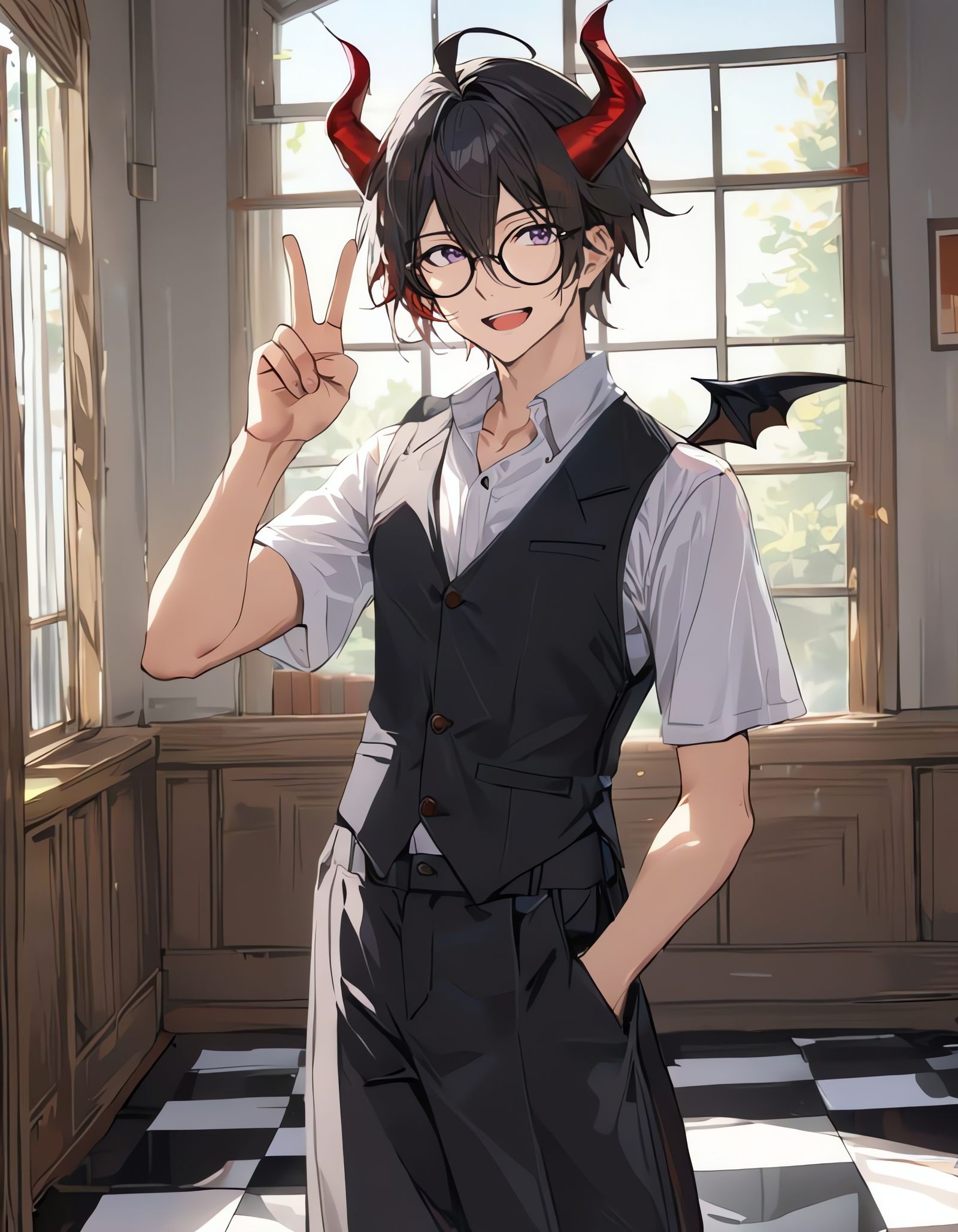 Happy Bishounen Vampire with Bat Wings and Red Horns