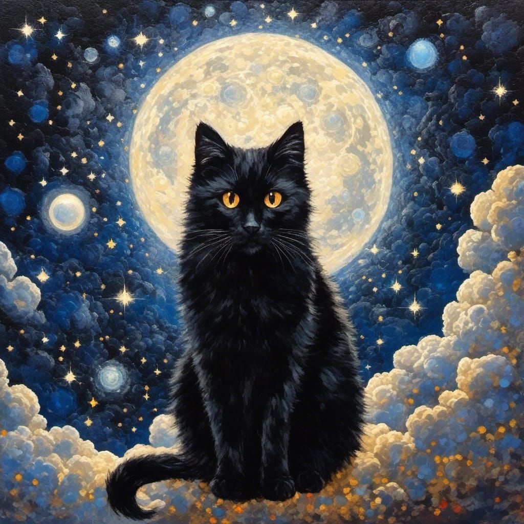 Black Cat Luna in Moonlight Collage Art