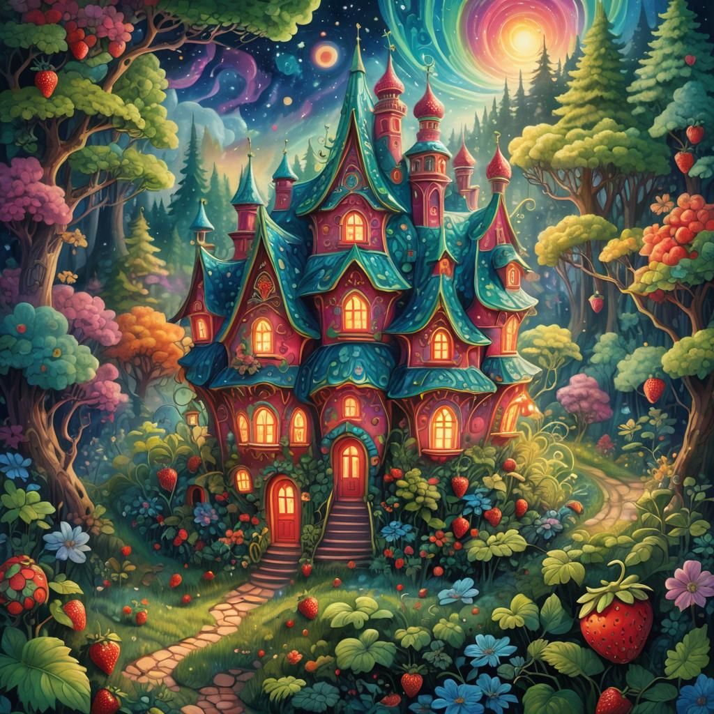 Strawberry House in Cosmic Forest: Mixed Media Art