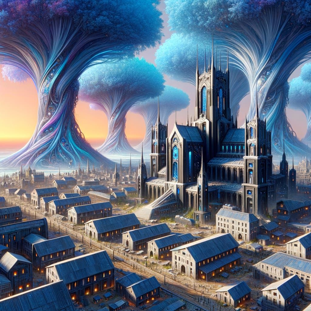 Alien Sci-Fi Village Among Dimensional Blue Trees
