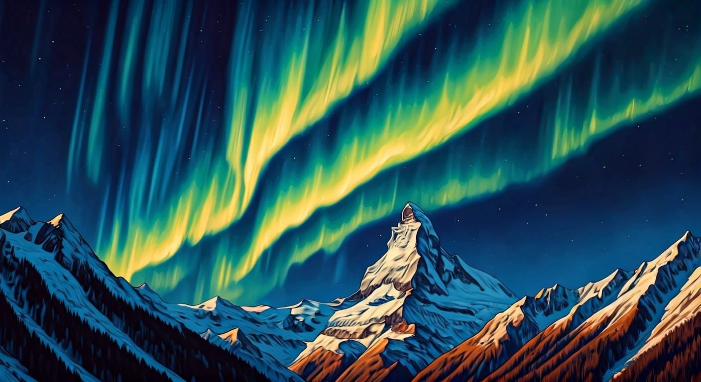 Aurora Borealis Abstract Painting over the Alps