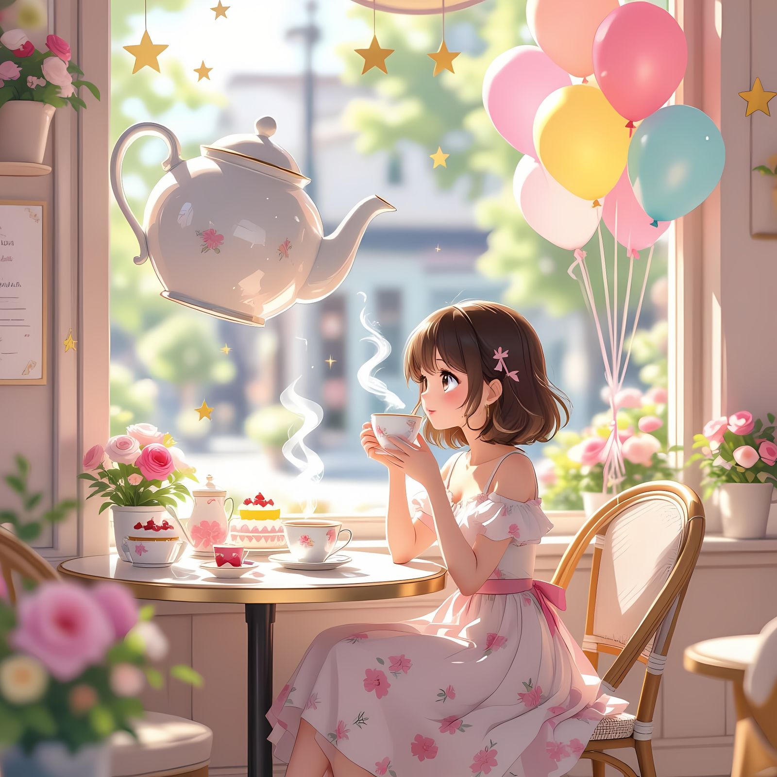 Cozy Cafe Scene with Teapot Balloon in Anime Style