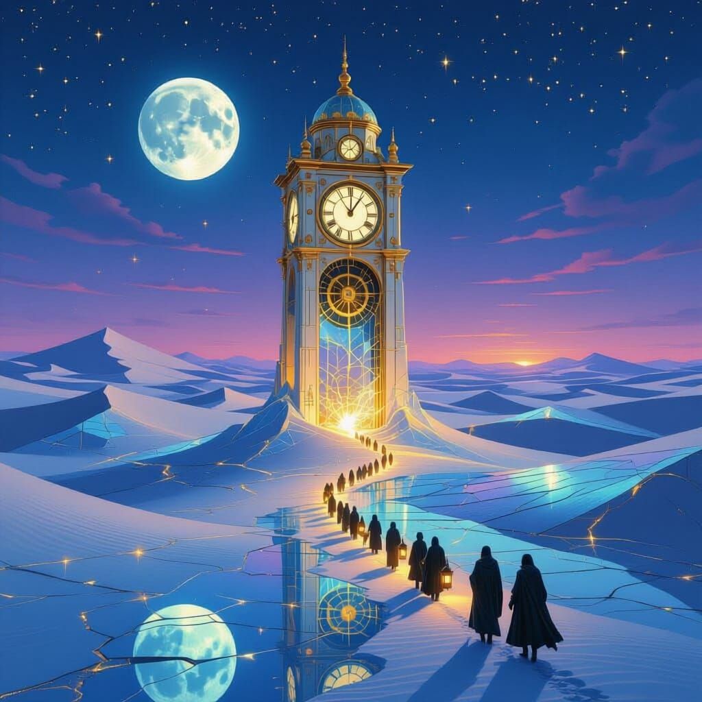 Glass Desert Clocktower Under Violet Twilight Sky