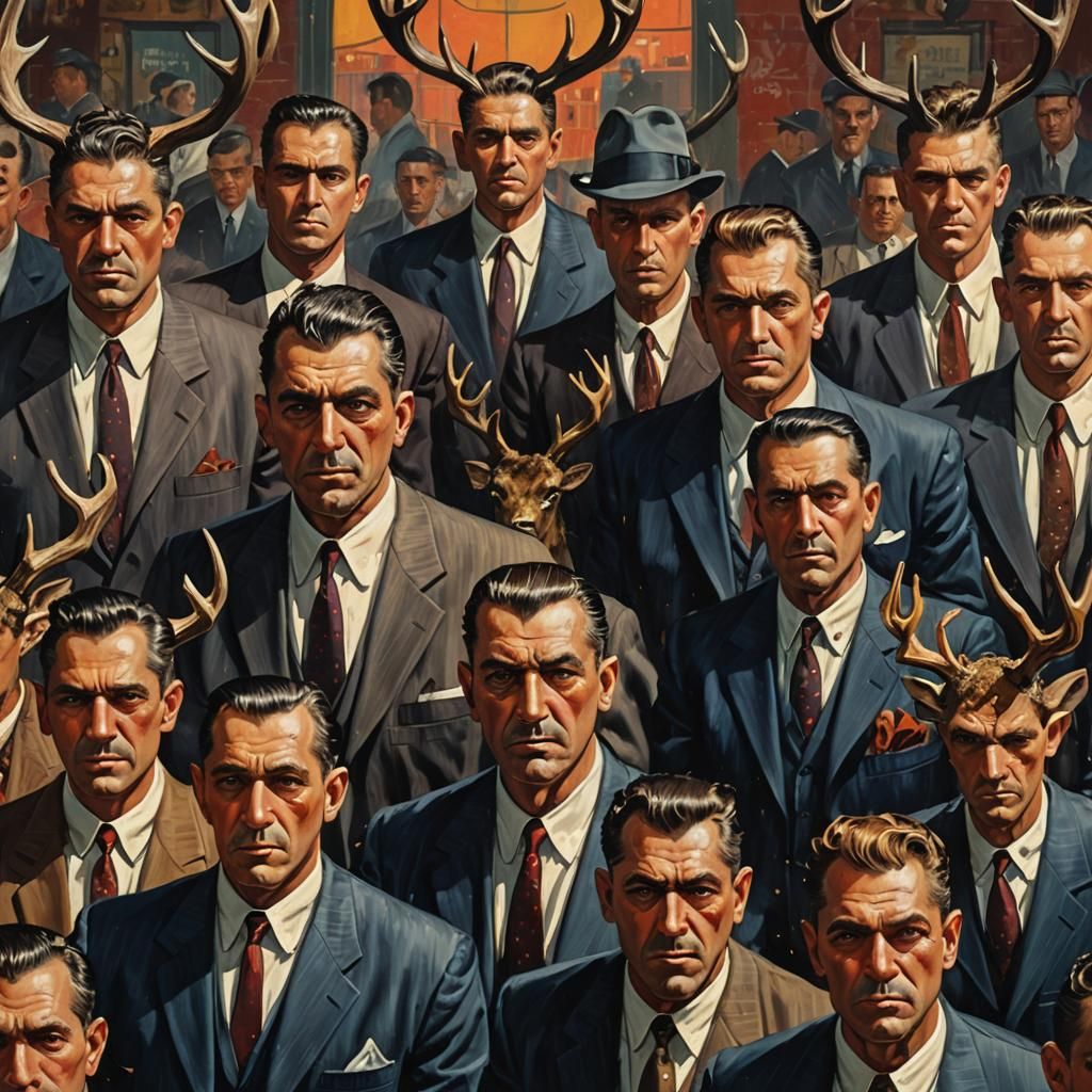 1950s Mobsters with Antlers: Hyperrealistic Concept Art