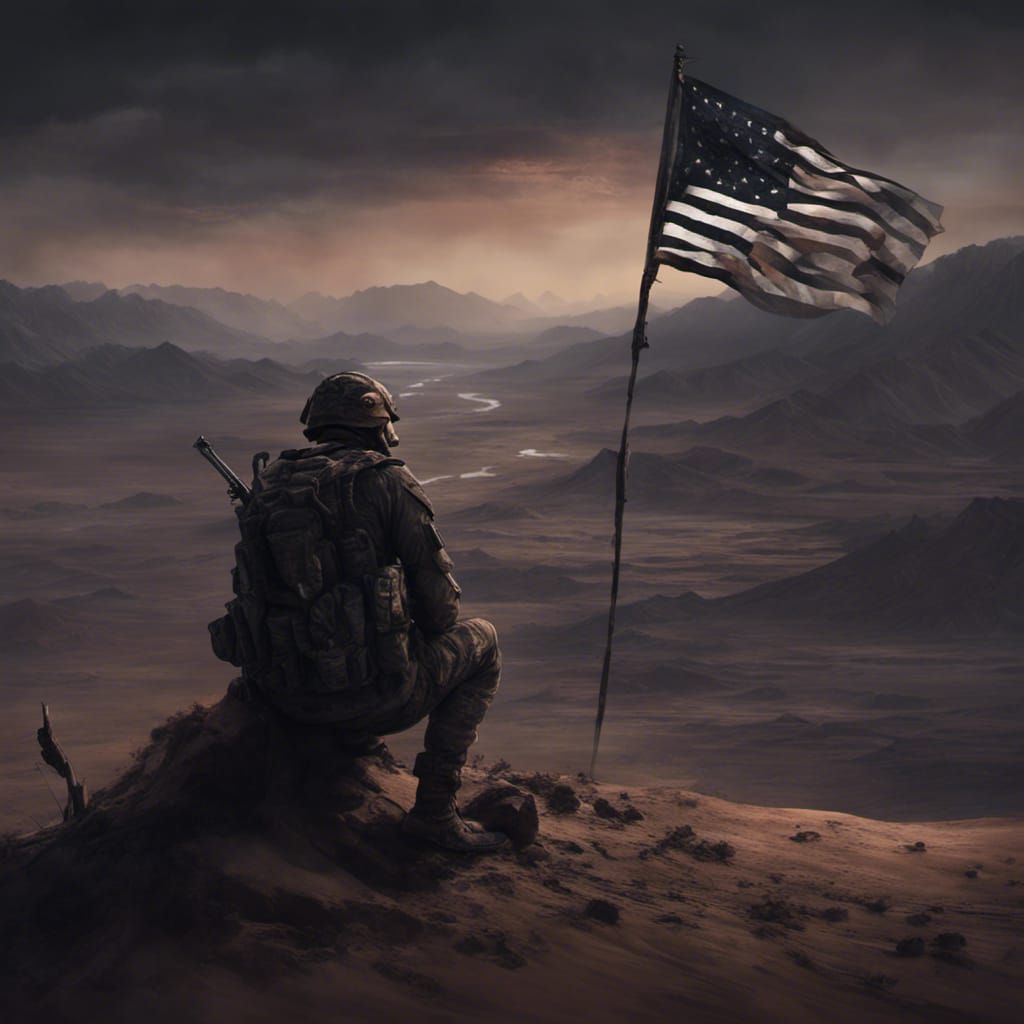 Desolate Soldier Beneath Black Flag: Fantasy Concept Art