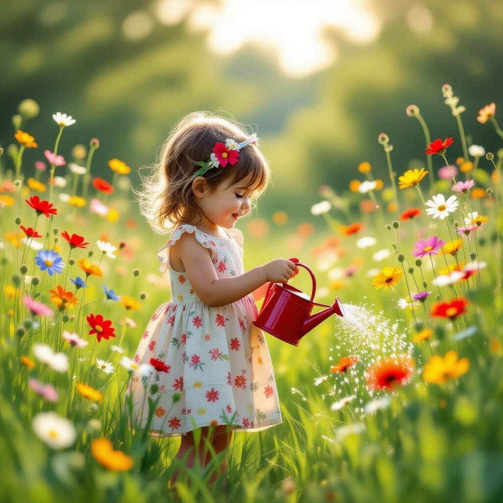 Joyful Girl Waters Wildflowers in Dreamlike Meadow