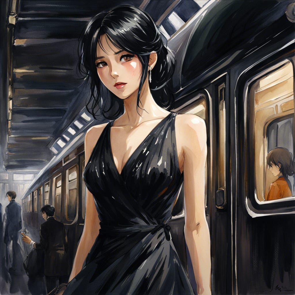 Anime Woman in Black Dress, Watercolor Style