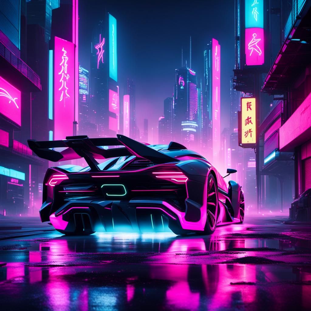 Futuristic Hypercar on Neon Cyberpunk Street