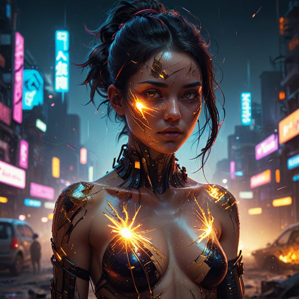 Gritty Cyberpunk Goddess in a Glitching Desert Metropolis