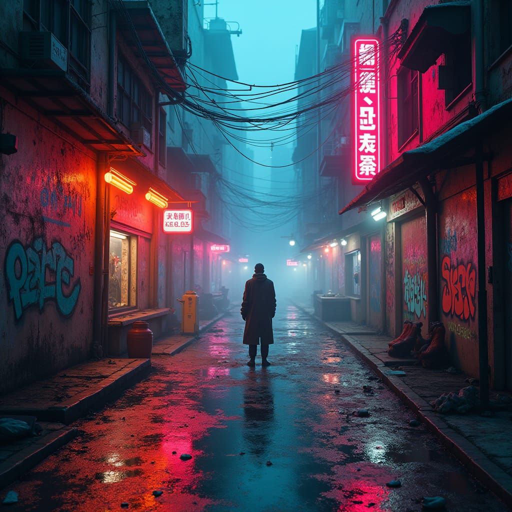 Dystopian Cityscape: Neon Lights and Graffiti in Cyberpunk S...