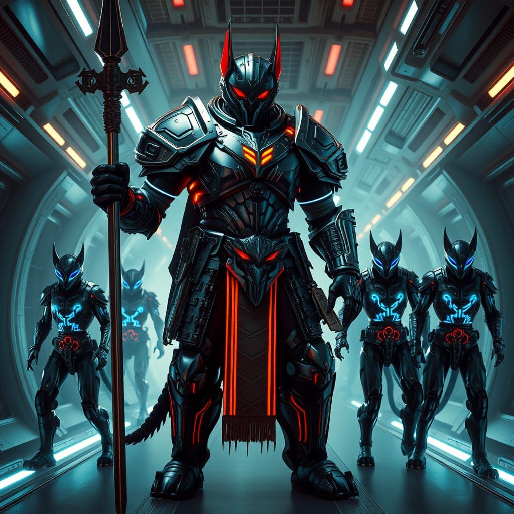 Cyberpunk Caninoid Warrior Battles Futuristic Foes in Neon-L...