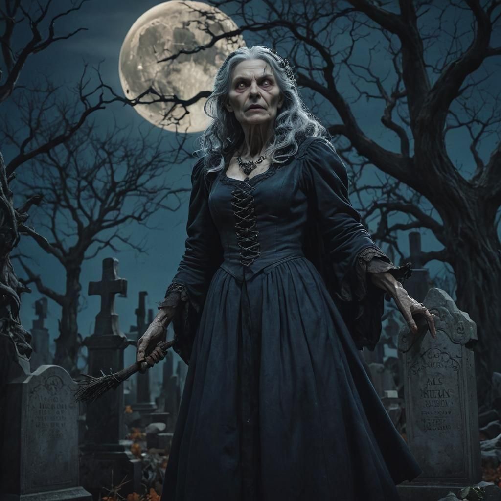 Creepy Graveyard Witch at Midnight in Matte Painting