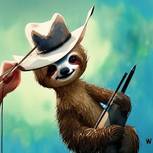 Sloth in Cowboy Hat: Liquid Gouache Painting