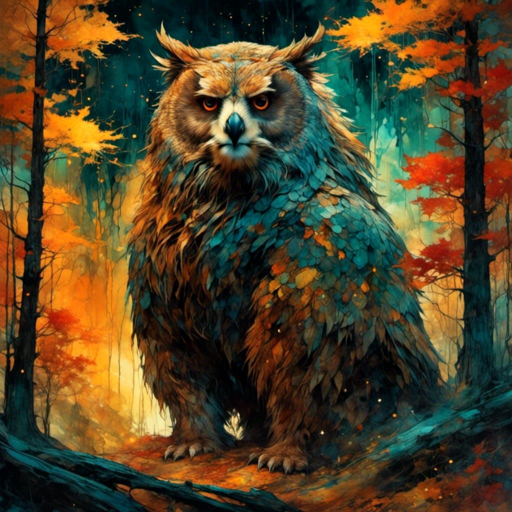 Owlbear and Ranger in Ethereal Autumn Forest