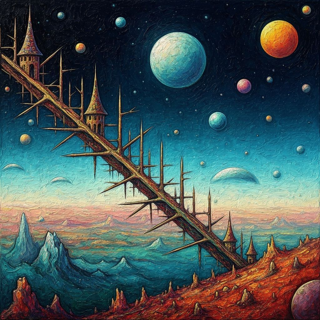 Surreal Cosmic Landscape with Branched Rods in Impasto Style