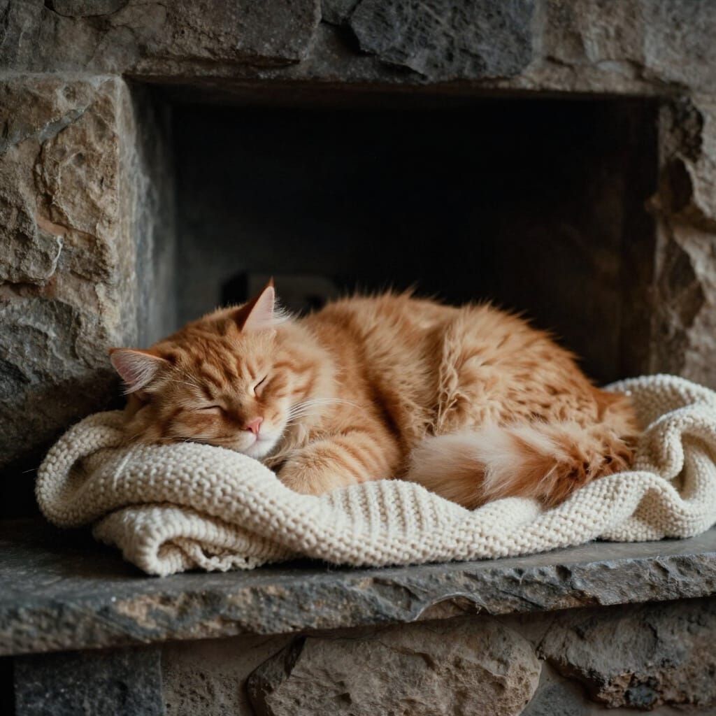 Fluffy Orange Cat Sleeping on Hearth in Cinematic Style