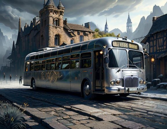 Stunning Silver Bus in Old Village, 8k Digital Art