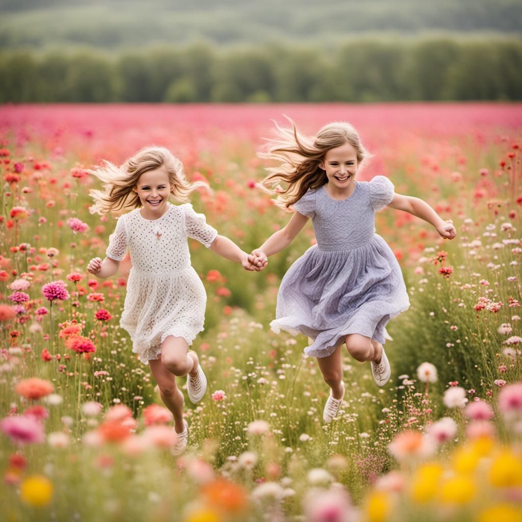 Girls Running in Flower Field