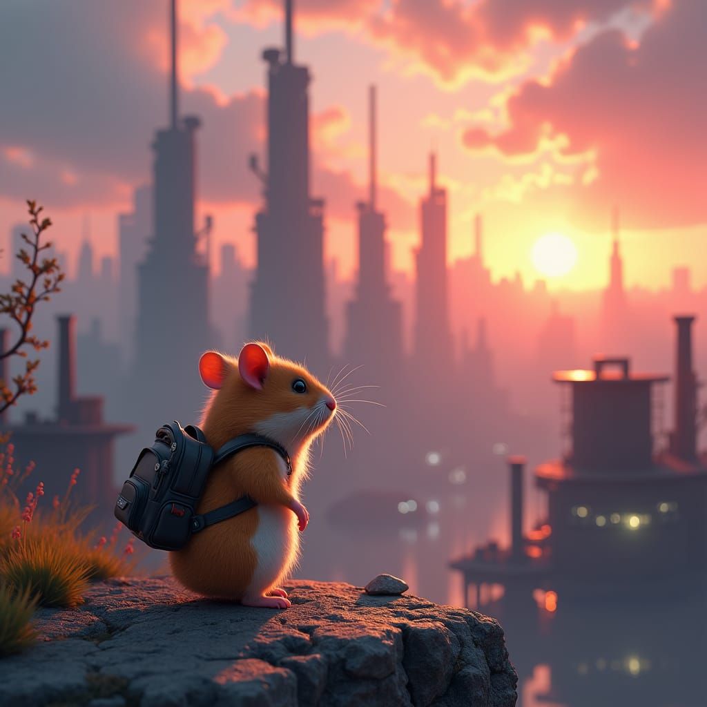 Contemplative Hamster Gazes at Post-Industrial Metropolis in...