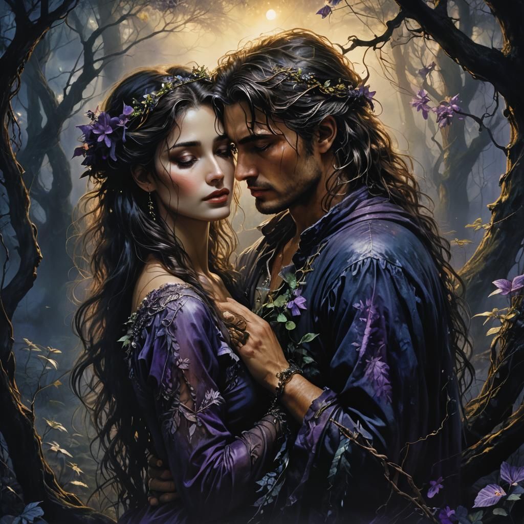 Romantic Embrace in Dark Fantasy Forest