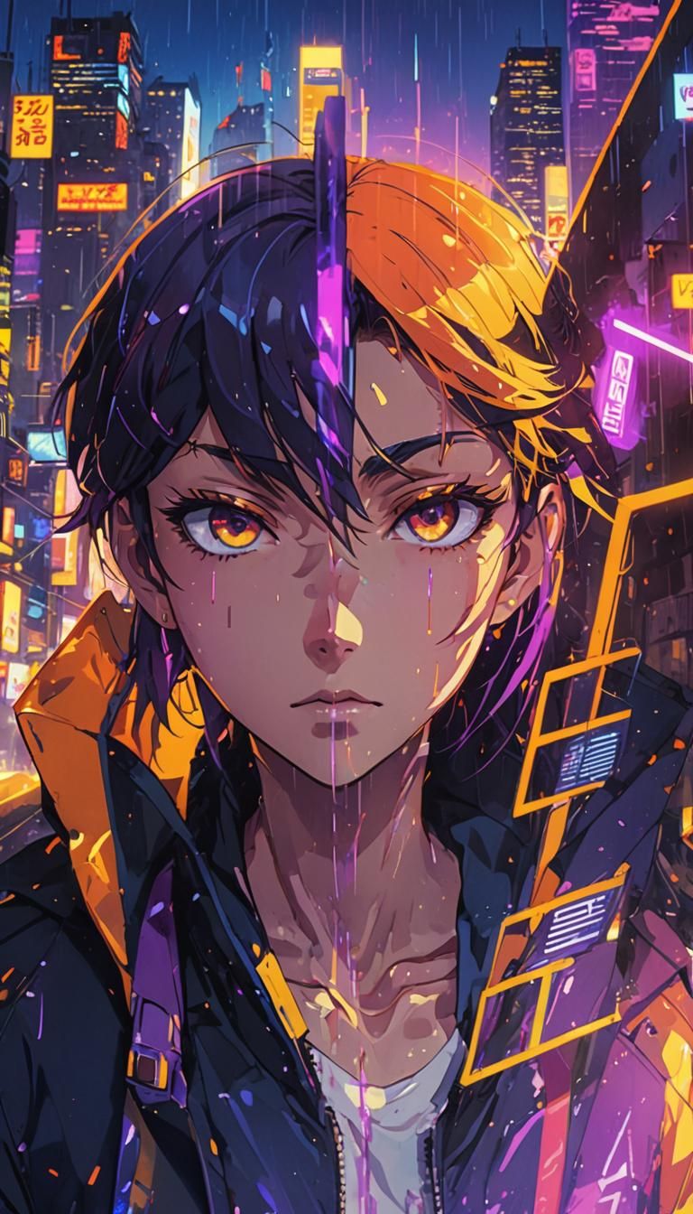 Anime Hero in Futuristic Cityscape Illustration