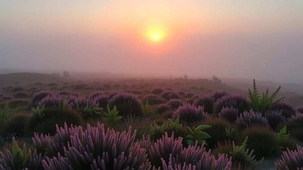 Misty Sunrise Over Heather Moor in Pastel
