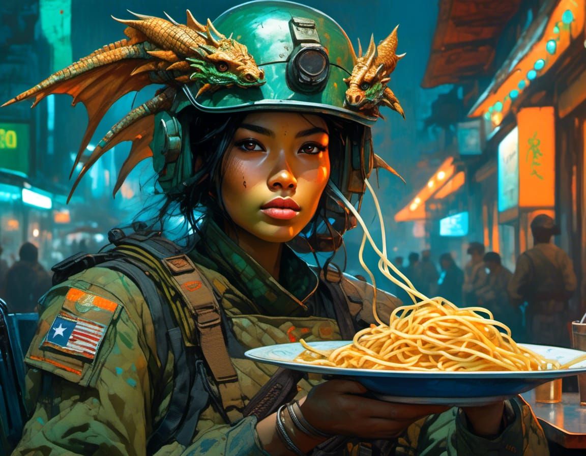 Indian Soldier Enjoying Noodles in Cybercore Restaurant
