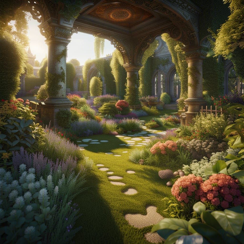 Idyllic Garden Landscape with Volumetric Lighting