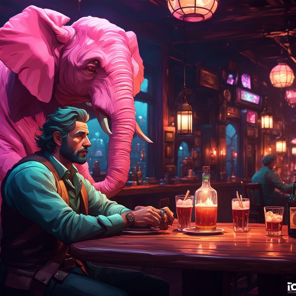 Man and Pink Elephant in Dark Tavern
