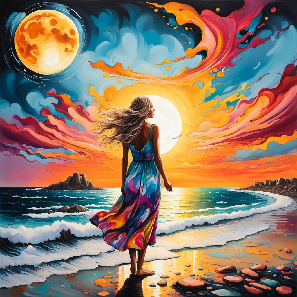 Girl at Ocean's Edge in Vibrant Street Art