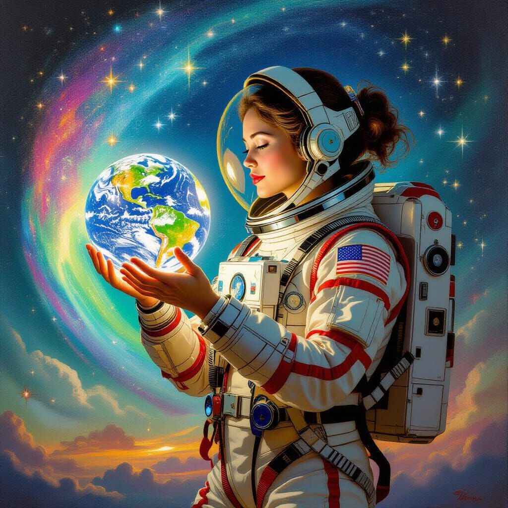 Astronaut with Earth in Dreamy Victorian Space