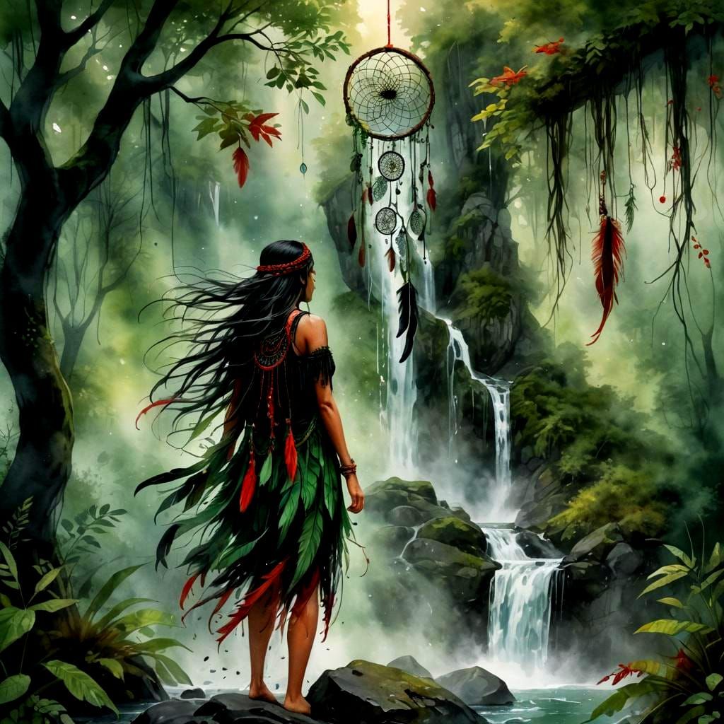 Native Goddess Emerging from Water with Dreamcatcher