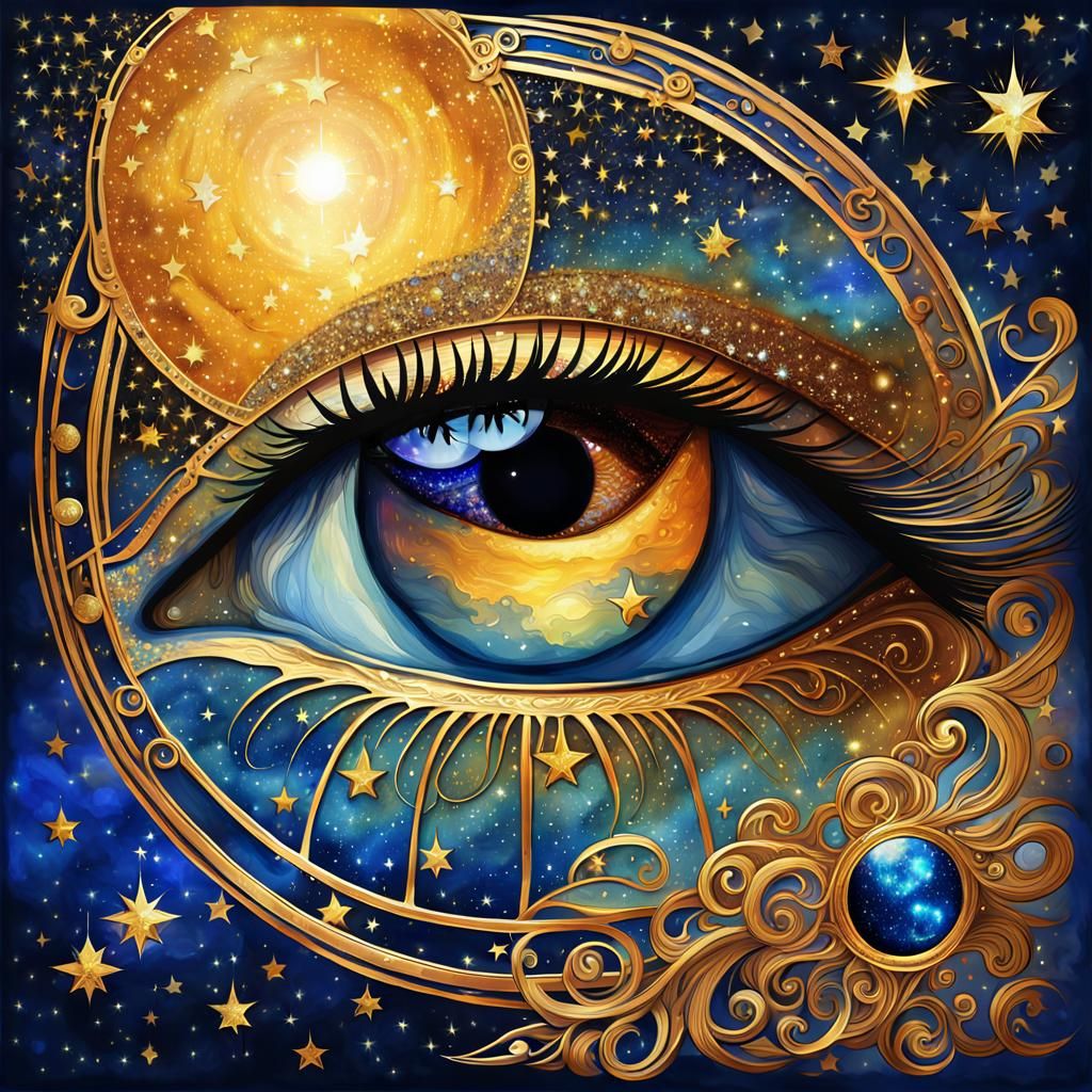 Sparkling Eye Reflects Sunset, Stars and Moon