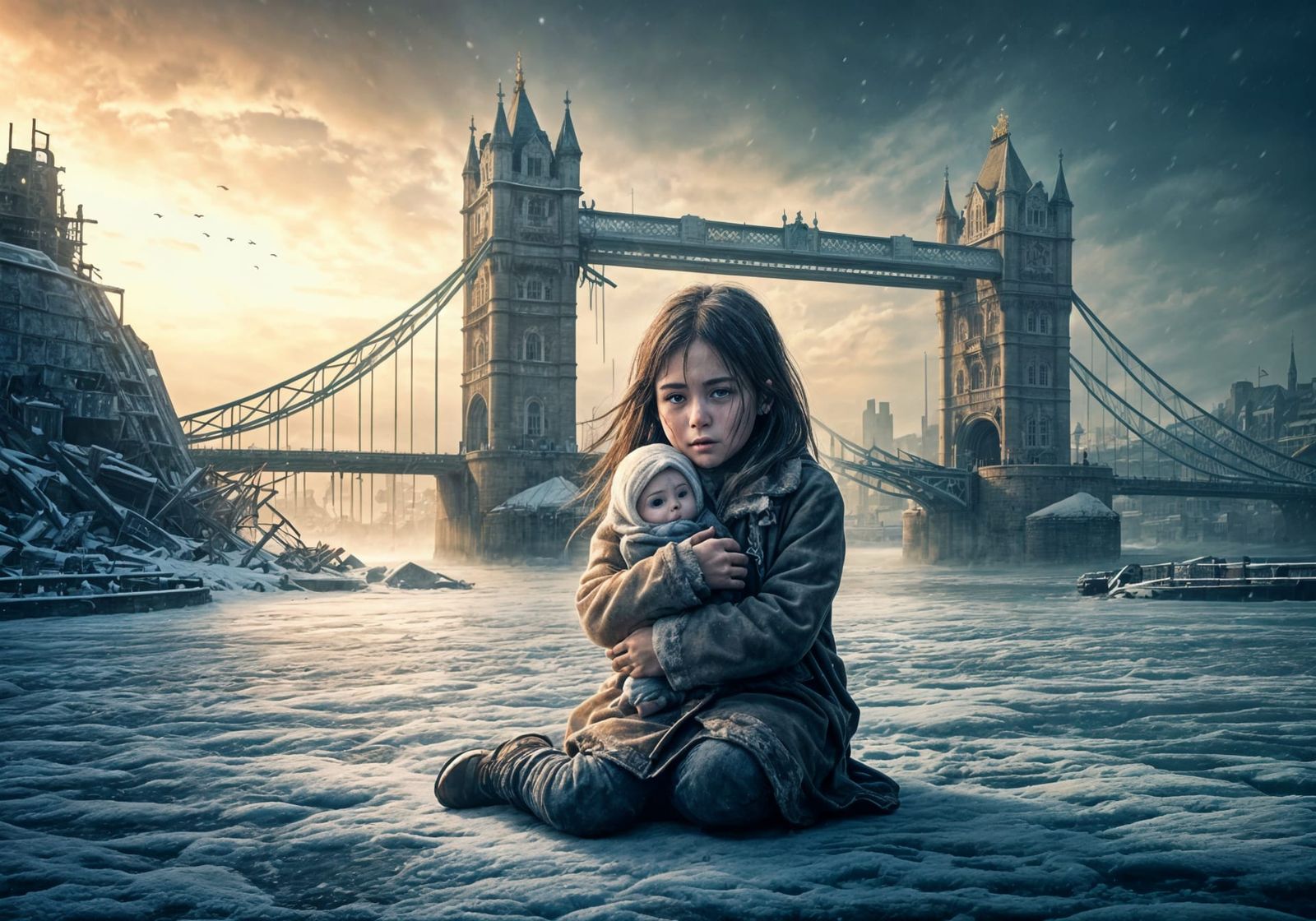 Post-Apocalyptic Winter Scene of Girl Crying on Frozen Thame...